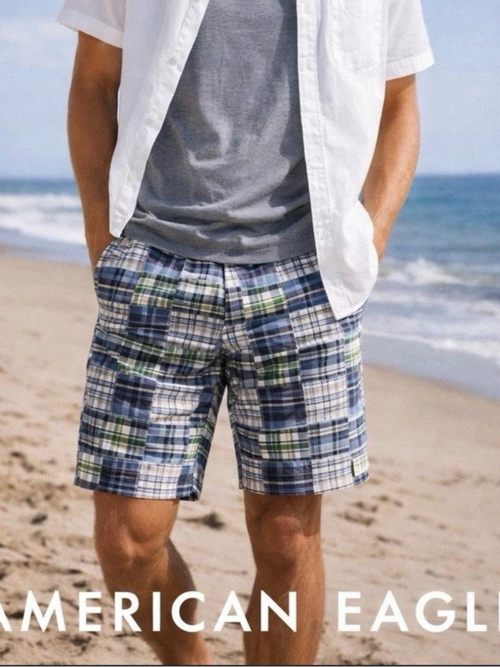 American Eagle Patchwork Madras Shorts Mens 31 Blue Green Plaid Preppy Y2K
